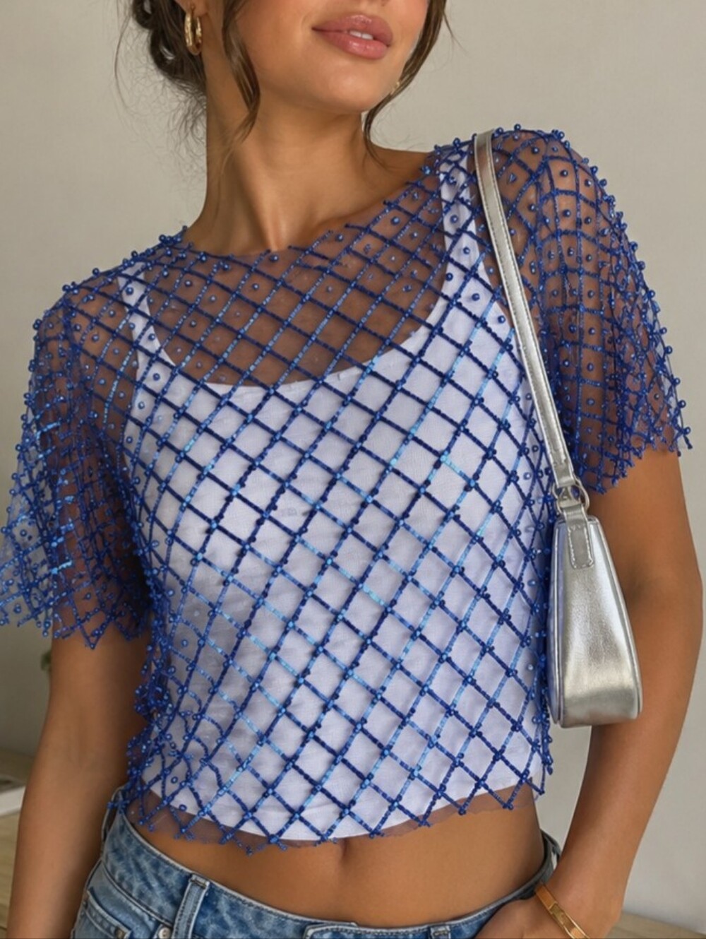 Julia by Love J Beaded Pearl & Sequin Crop Top Mesh Overlay Blue M